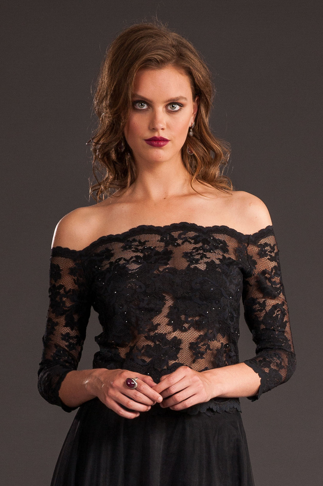 Off-Shoulder Floral Lace Top with Swarovski Crystals-0