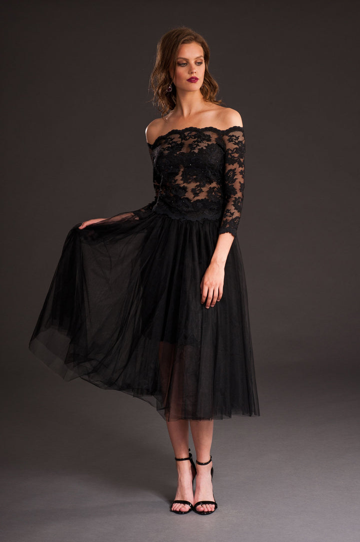 Elegant Black Tulle Midi Skirt-2