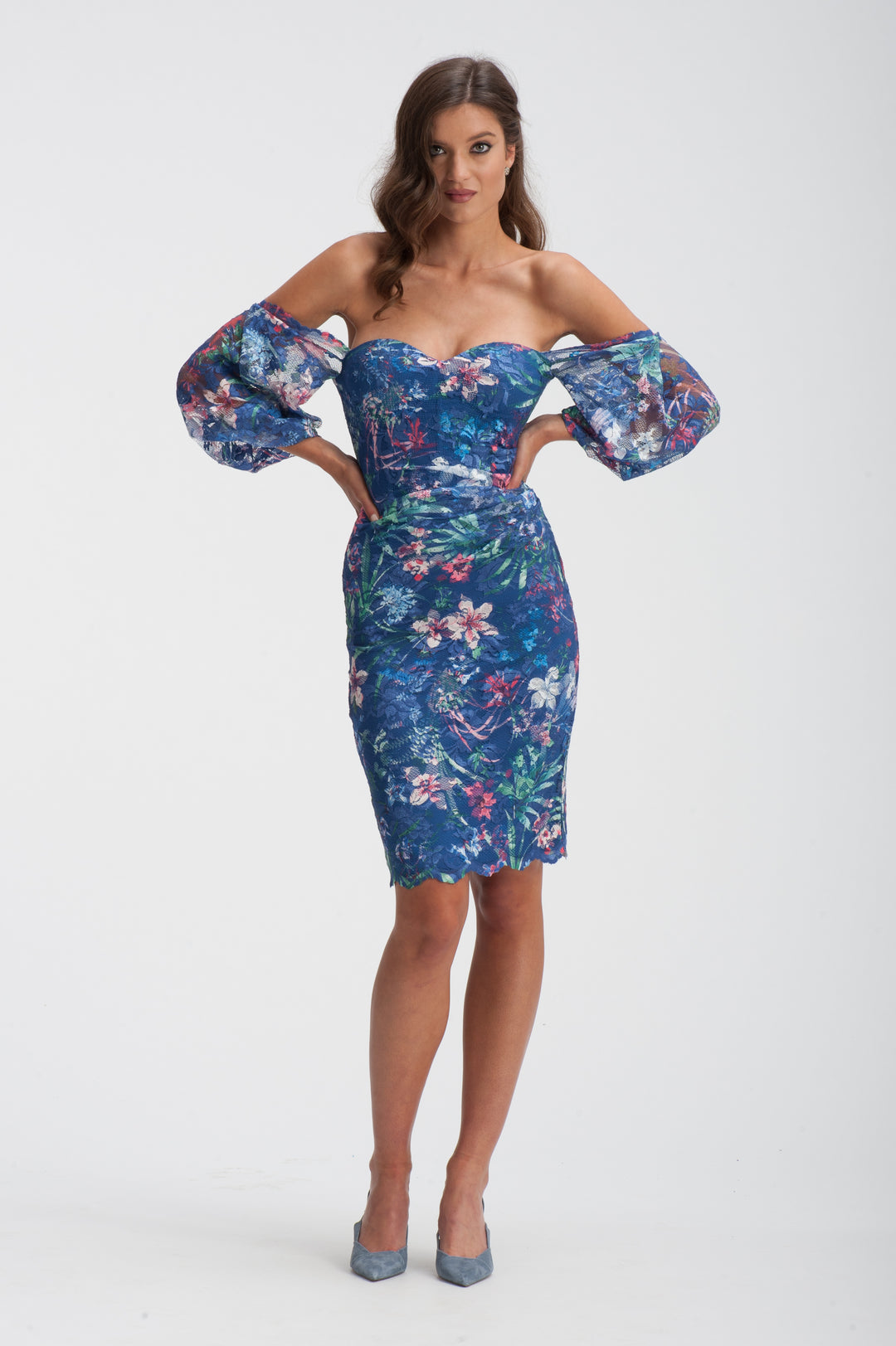 Floral Off-Shoulder Puff Sleeves Cocktail Dress-0