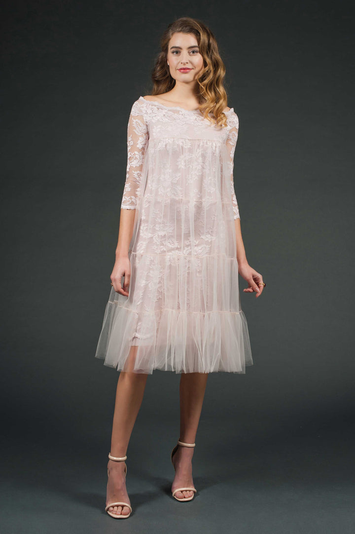 Half Sleeve Lace Dress with Outer Tulle-0