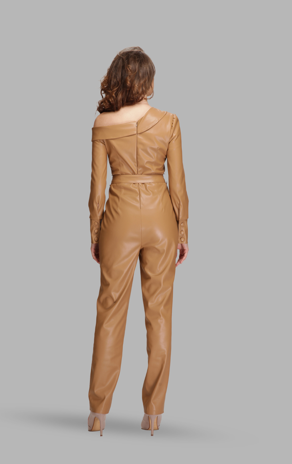 Single off-shoulder collared vegan leather jumpsuit-1