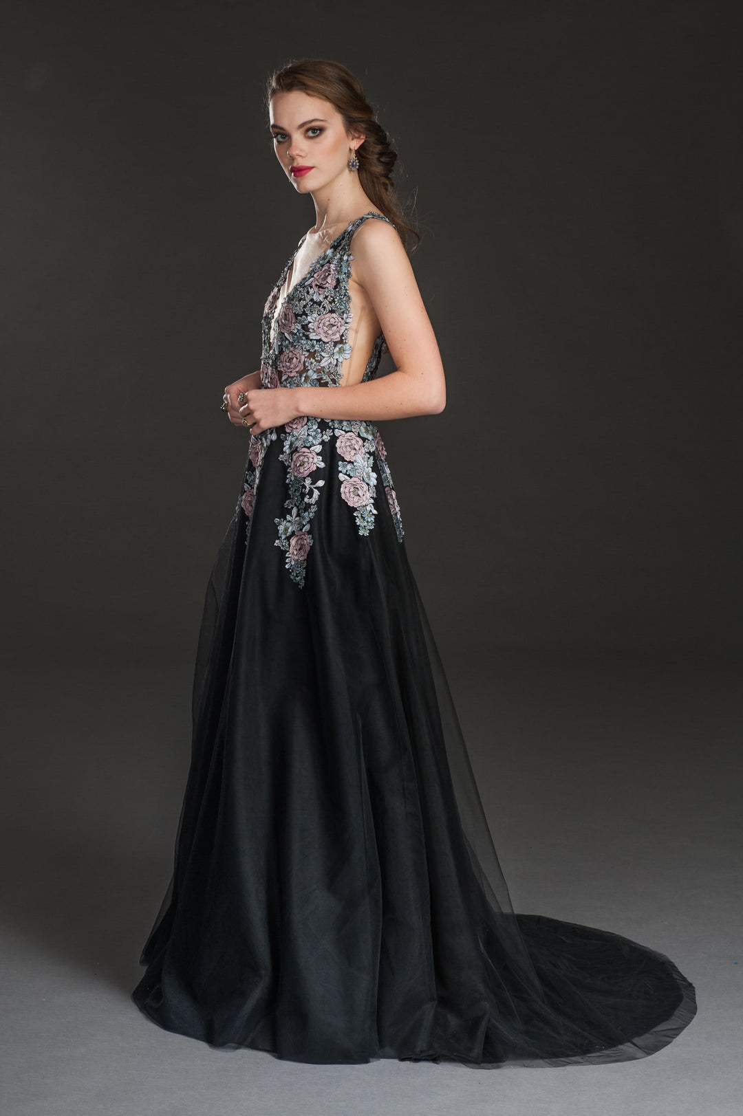 Black Evening Gown with Floral Embroidered Bodice-2