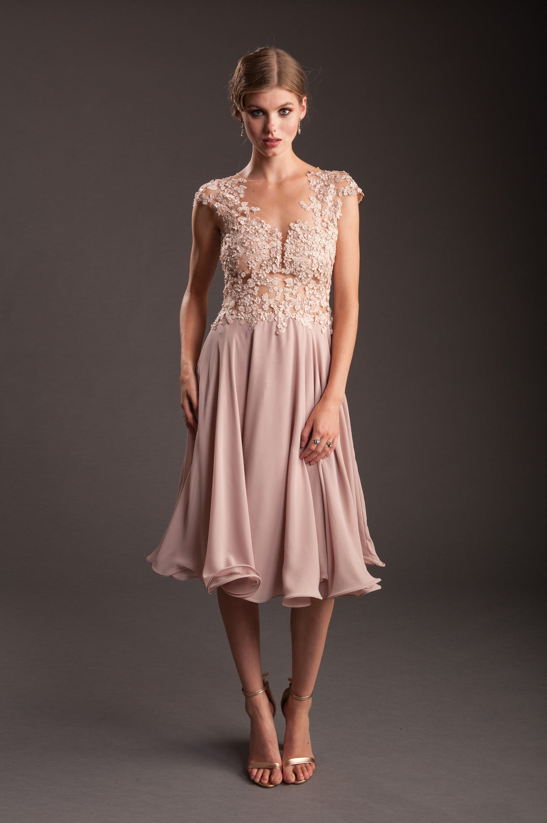 Almond V-Neck Dress with Trimming Detail-0