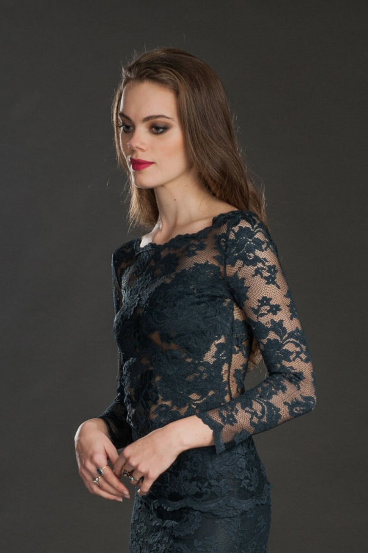 Sheer Lace Long-Sleeve Top with Floral Detailing-5