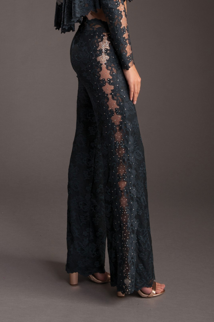 Floral Lace Sheer Panel Trousers with Swarovski Crystals-3