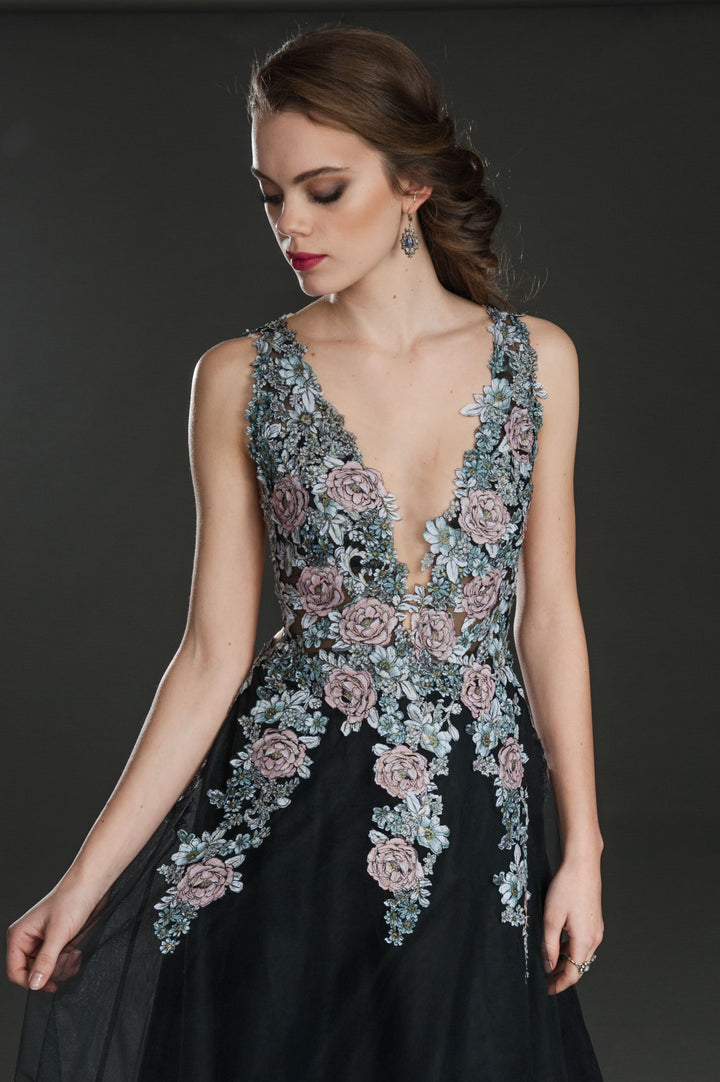 Black Evening Gown with Floral Embroidered Bodice-3