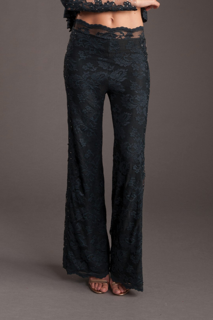 Floral Lace Sheer Panel Trousers with Swarovski Crystals-4