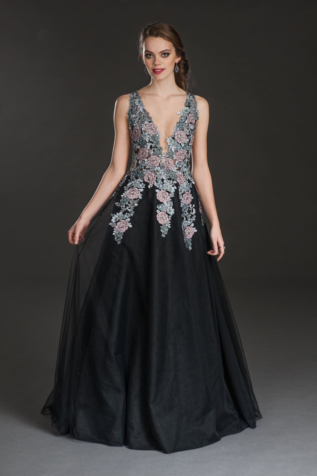 Black Evening Gown with Floral Embroidered Bodice-0