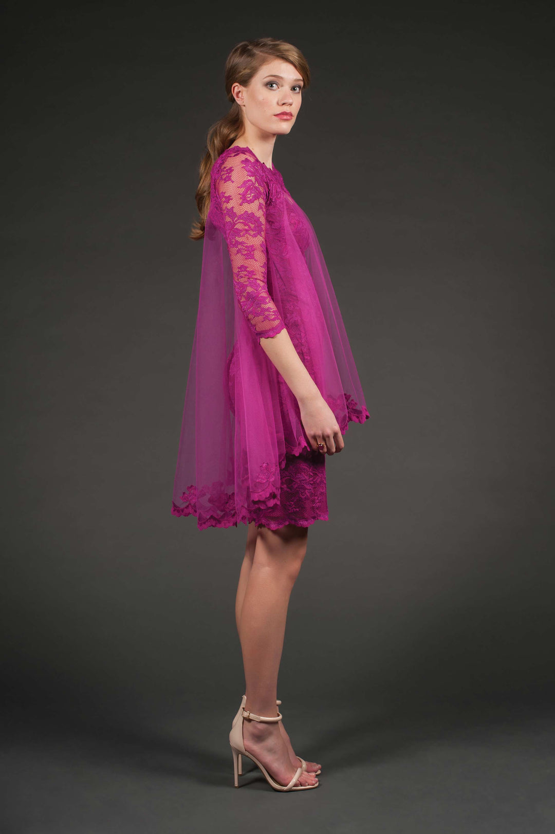 Three-Quarter Sleeve Lace Dress with Cape-2