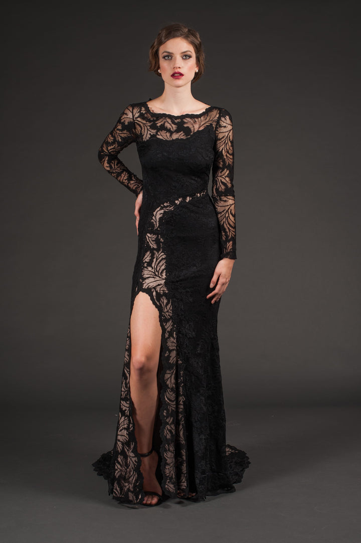 Seductive Black Lace Gown with High Slit-0