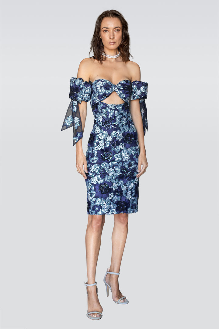 Strapless Sequined Blue Floral Dress-0