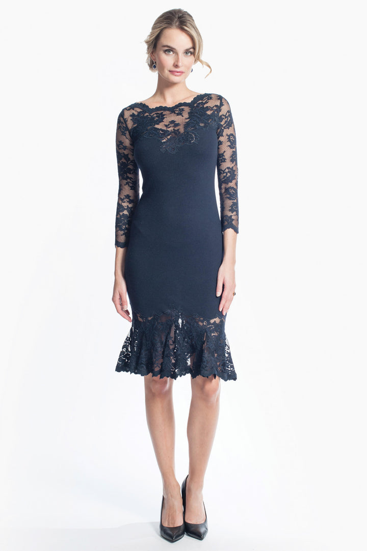 Elegant Lace & Cashmere Dress with Sheer Sleeves-0