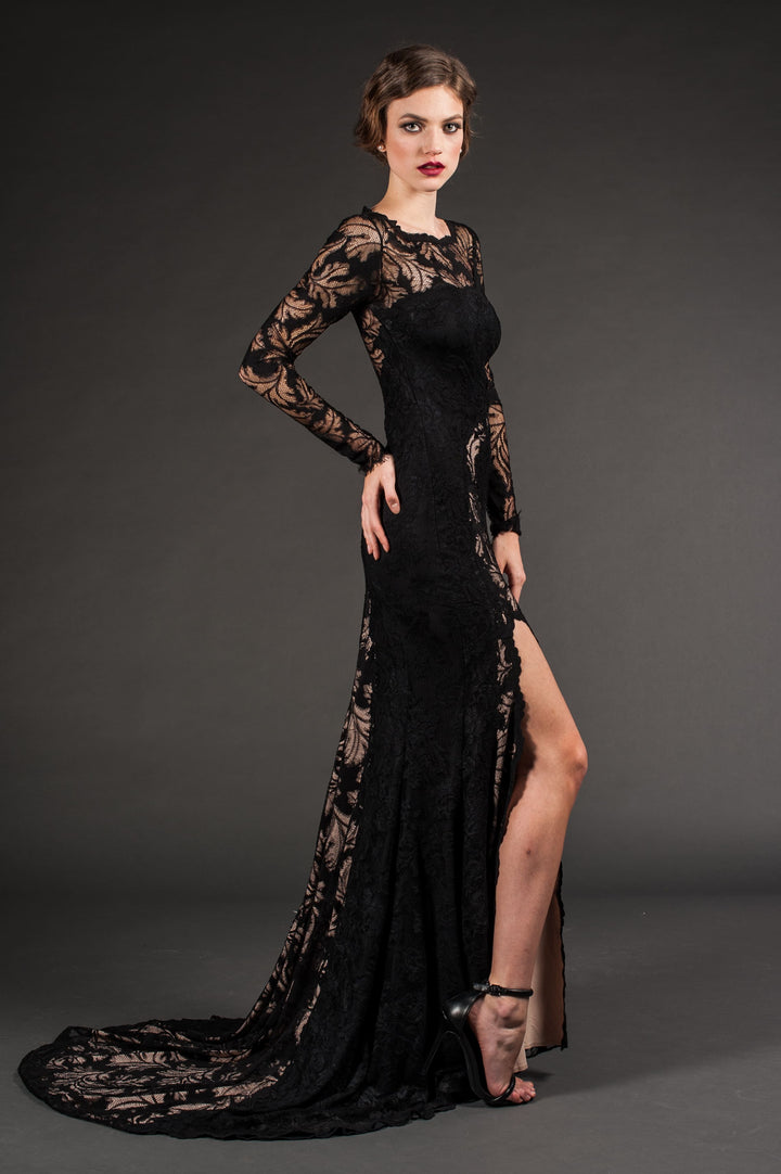 Seductive Black Lace Gown with High Slit-2