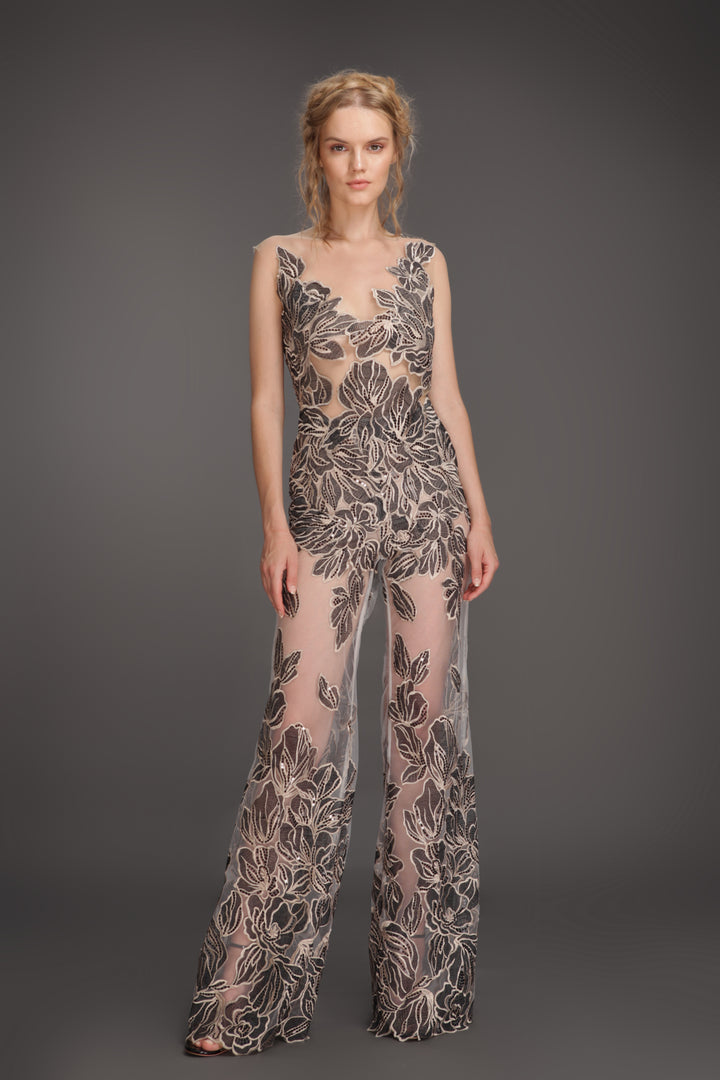 Black Iris leaf mesh jumpsuit-0