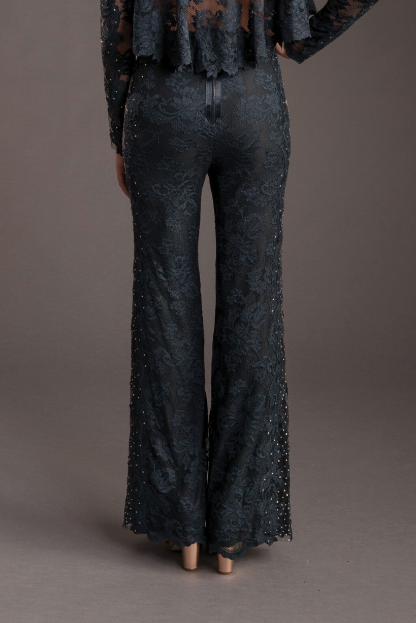 Floral Lace Sheer Panel Trousers with Swarovski Crystals-5