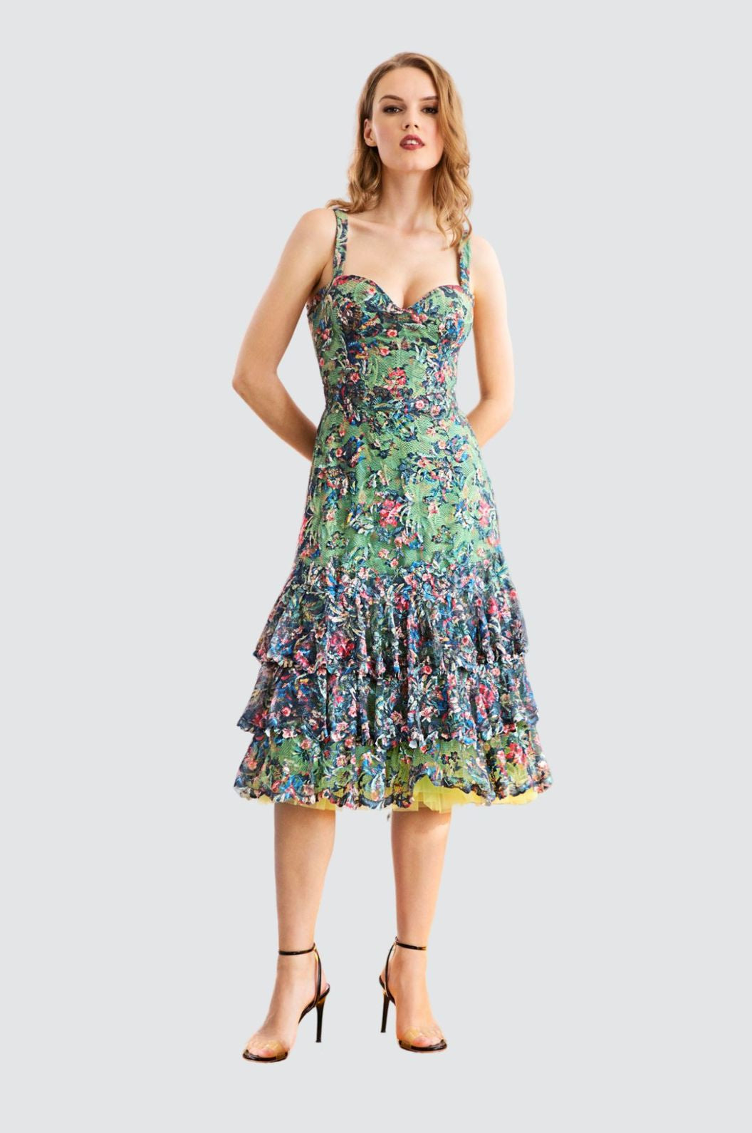 Floral Embroidered Ruffle Midi Dress