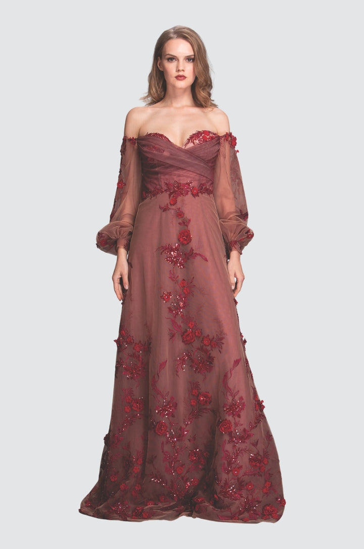 Floral Embroidery Off-Shoulder Gown