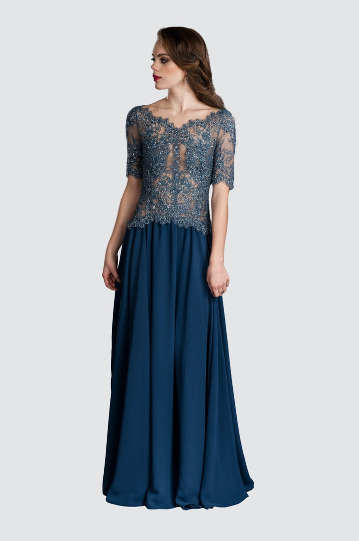 Elegant Sequined Embroidered Bodice Chiffon Gown