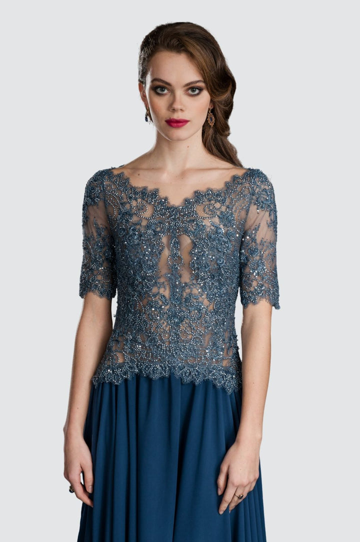 Elegant Sequined Embroidered Bodice Chiffon Gown