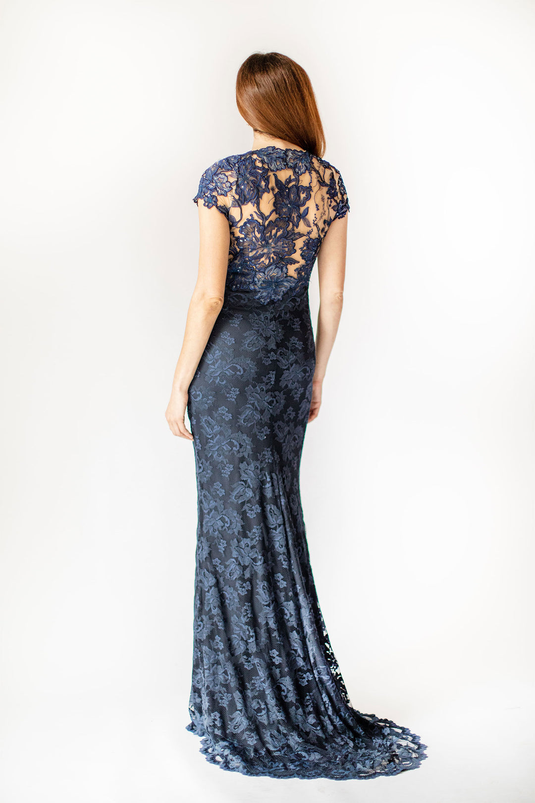 Sapphire Blooms Lace Gown with Floral Applications