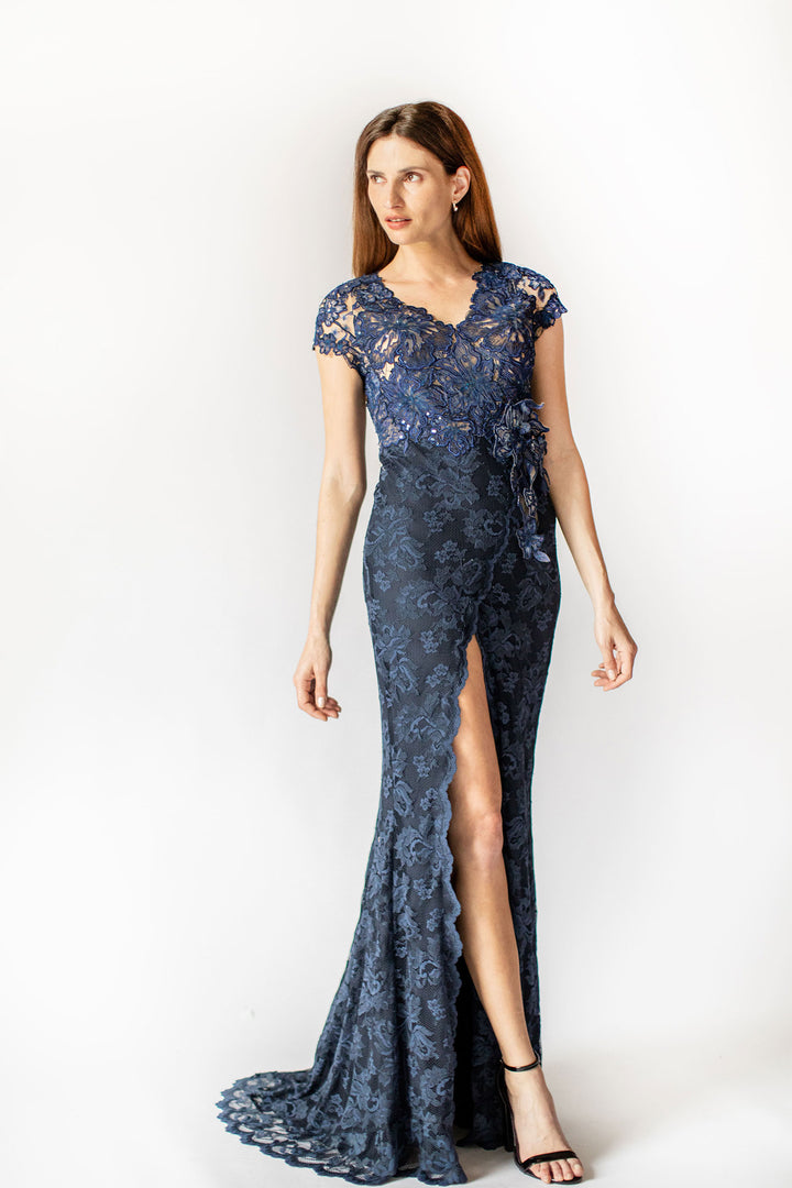 Sapphire Blooms Lace Gown with Floral Applications