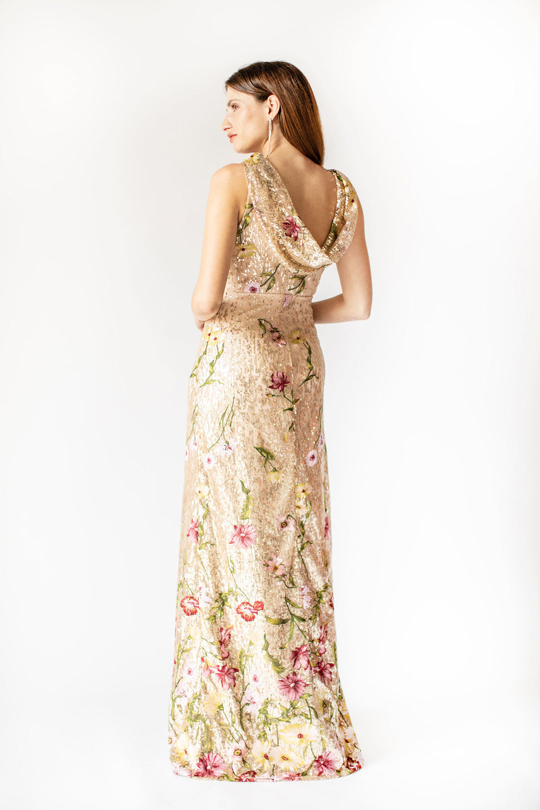 Gilded Blossom Draped-Back Sequin Gown
