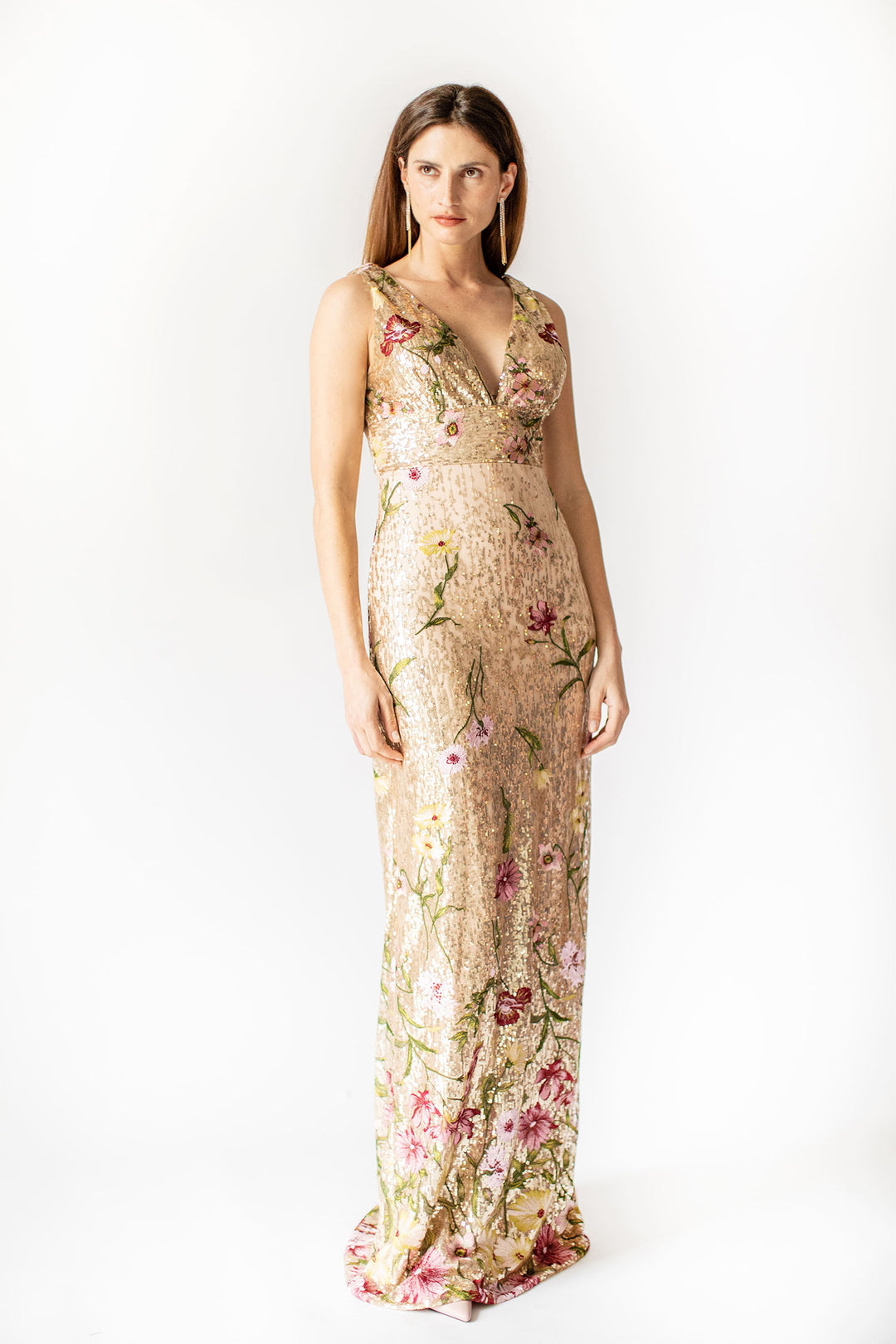 Gilded Blossom Draped-Back Sequin Gown