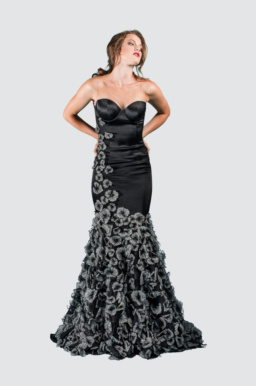 Strapless Black Satin Gown with 3D Embroidered Floral Train