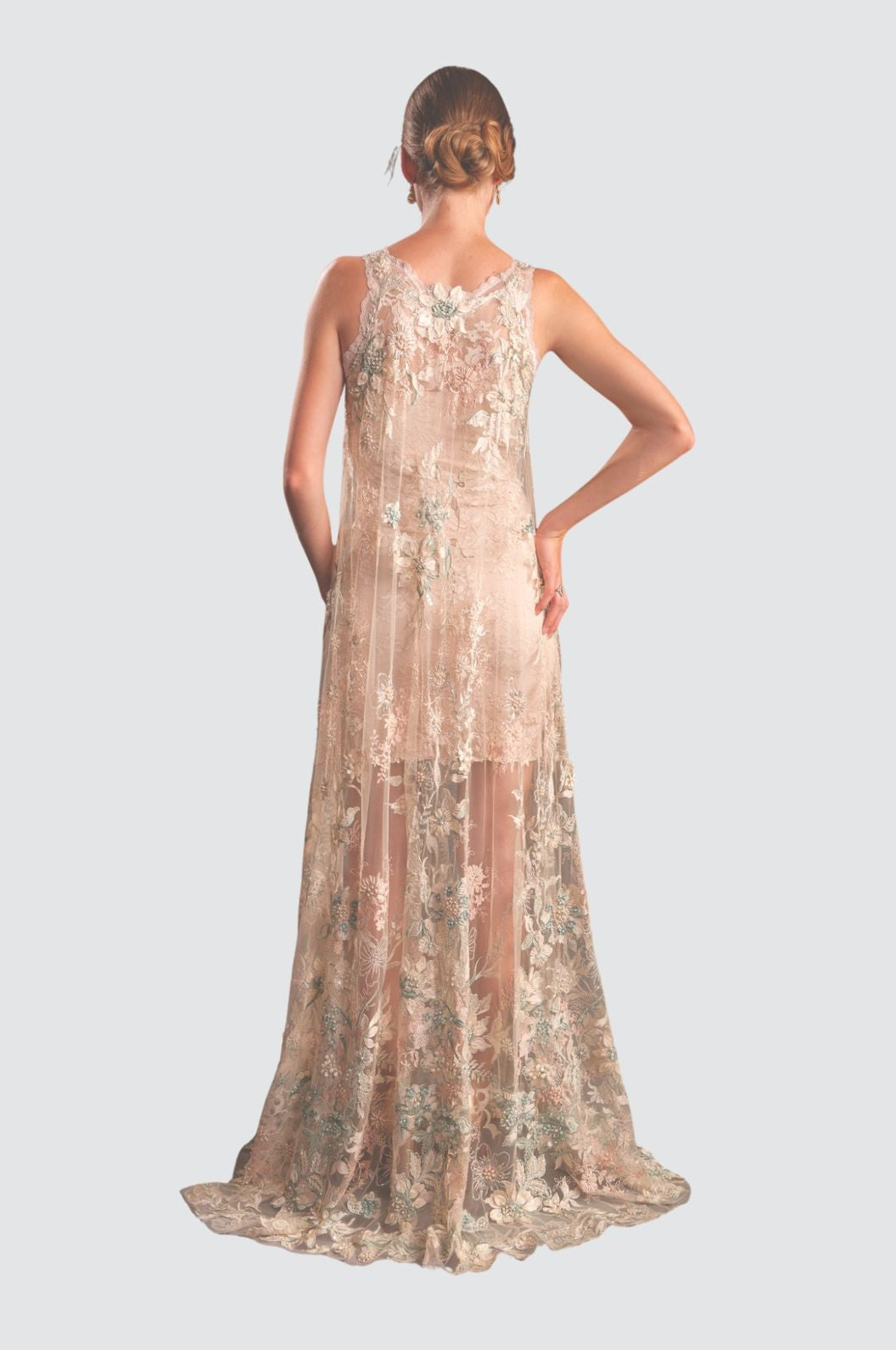 Sheer Embroidered Sleeveless Gown with Floral Overlay