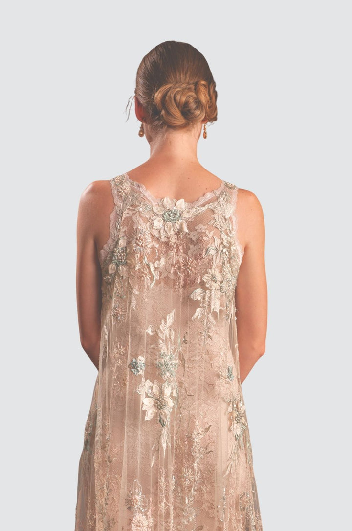 Sheer Embroidered Sleeveless Gown with Floral Overlay