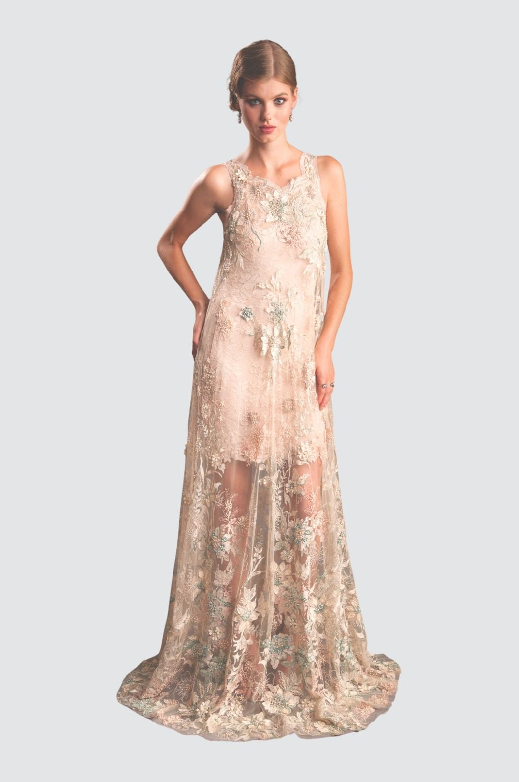 Sheer Embroidered Sleeveless Gown with Floral Overlay