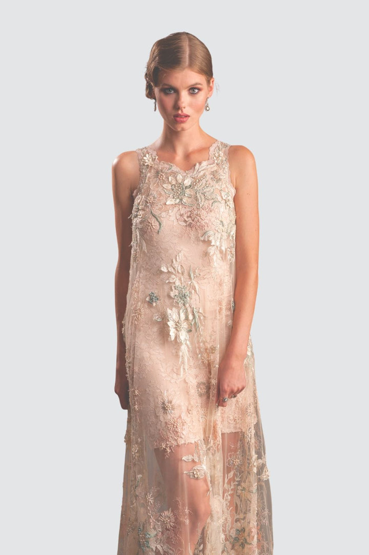 Sheer Embroidered Sleeveless Gown with Floral Overlay