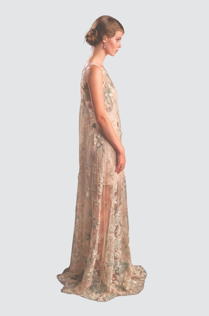 Sheer Embroidered Sleeveless Gown with Floral Overlay