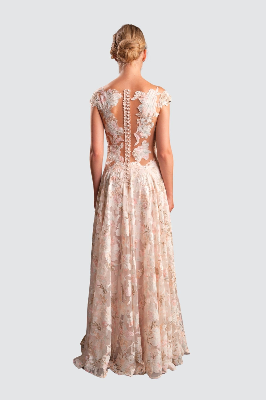 Plunging Illusion Neckline Floral Gown