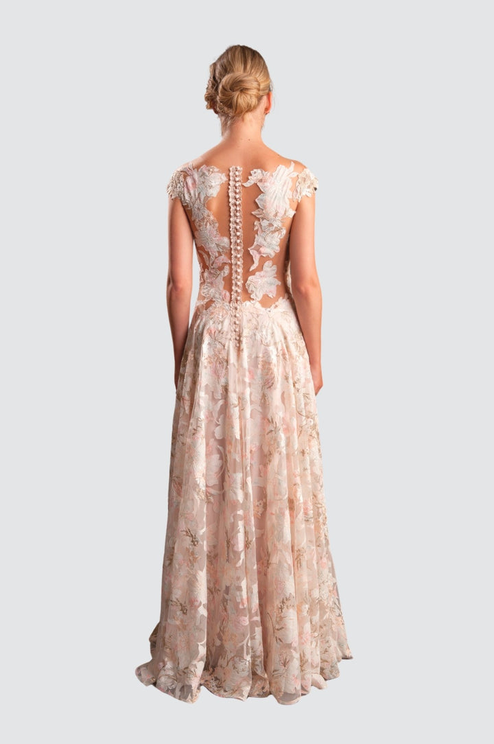 Plunging Illusion Neckline Floral Gown