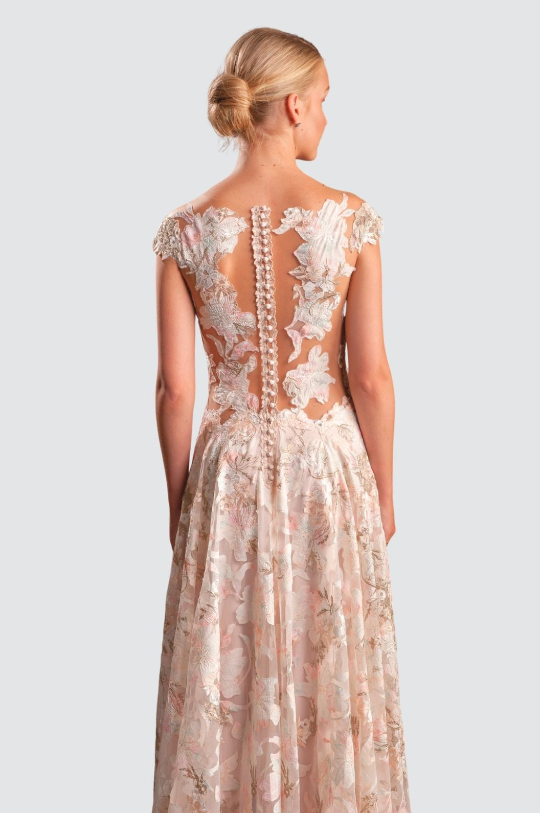 Plunging Illusion Neckline Floral Gown