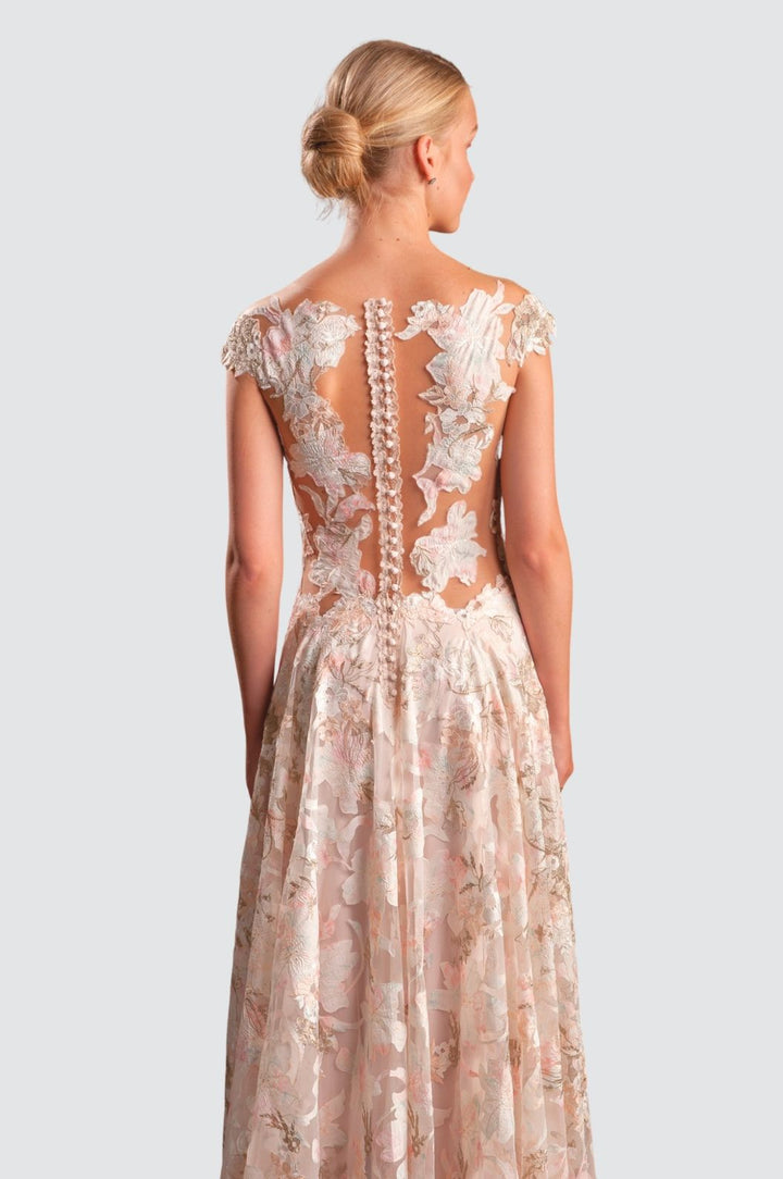Plunging Illusion Neckline Floral Gown