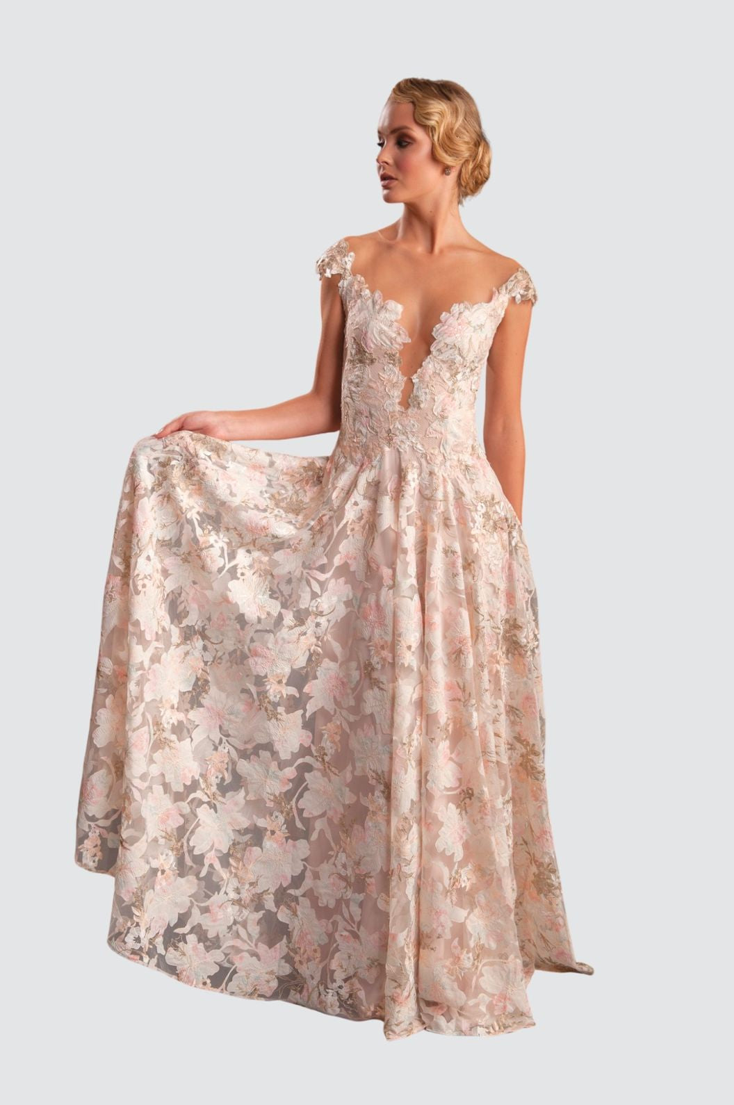 Plunging Illusion Neckline Floral Gown
