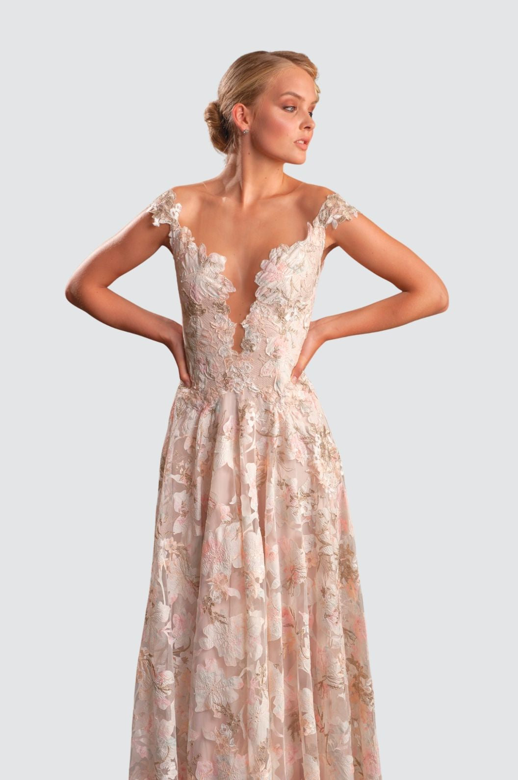 Plunging Illusion Neckline Floral Gown