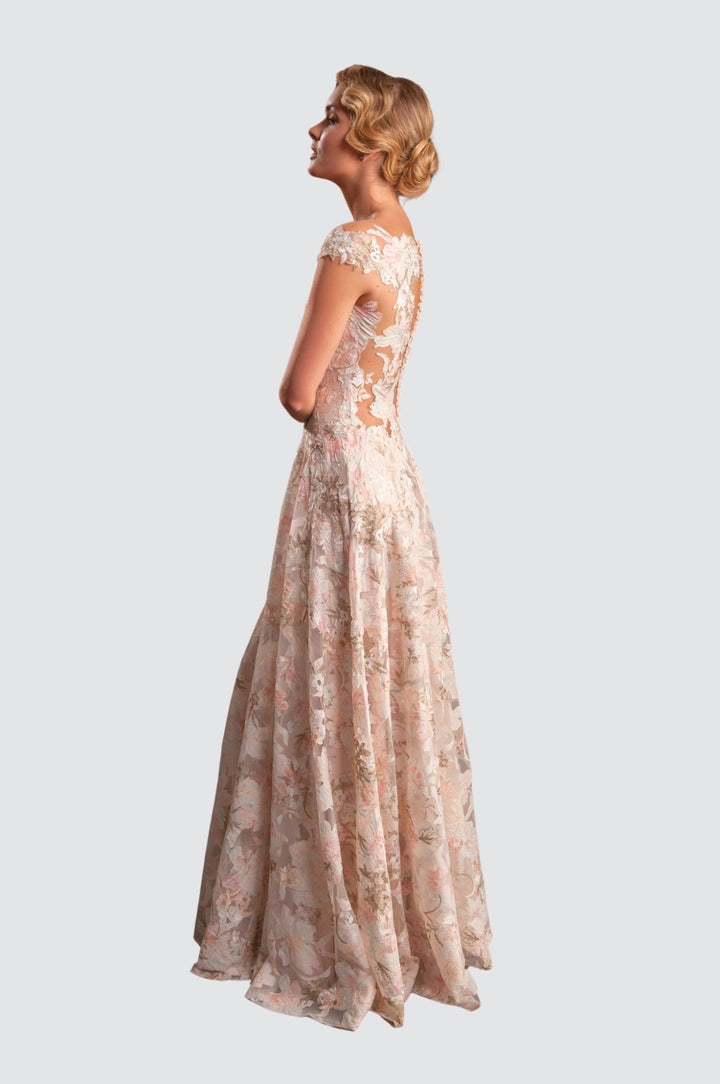 Plunging Illusion Neckline Floral Gown
