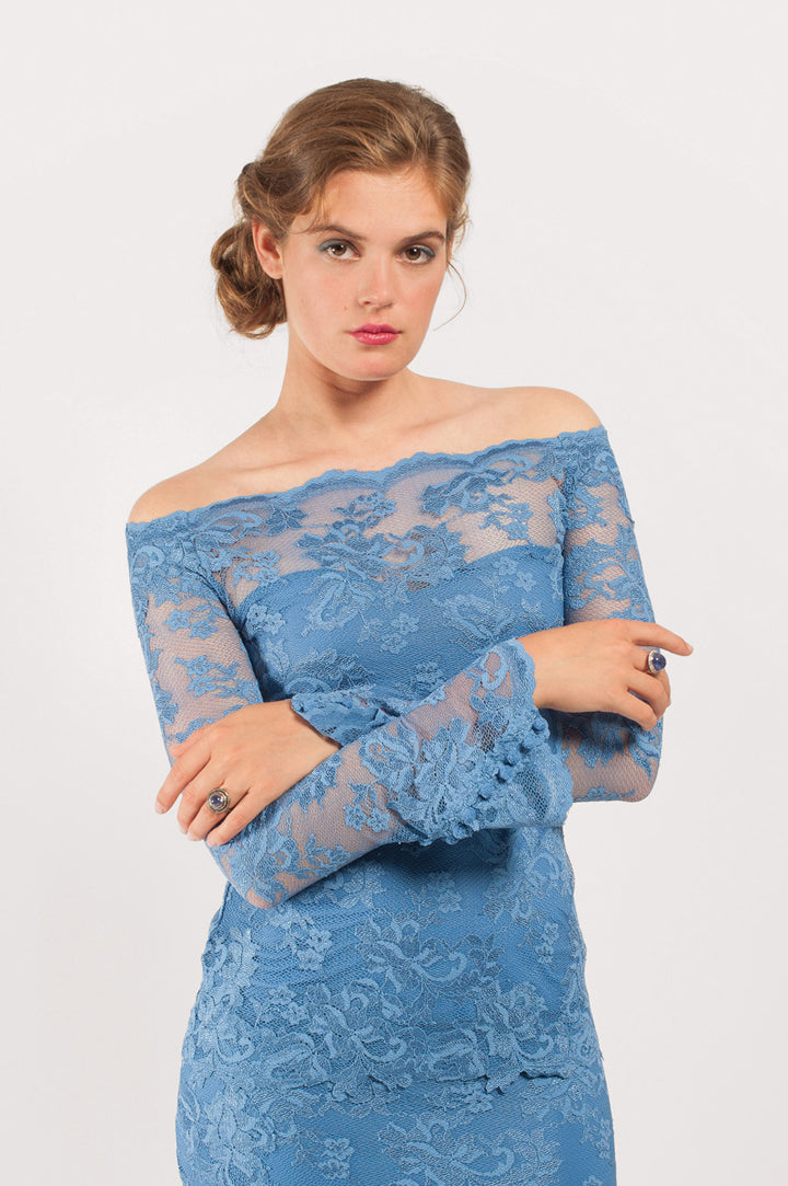 Off-Shoulder Lace Top with Flare Sleeves-0