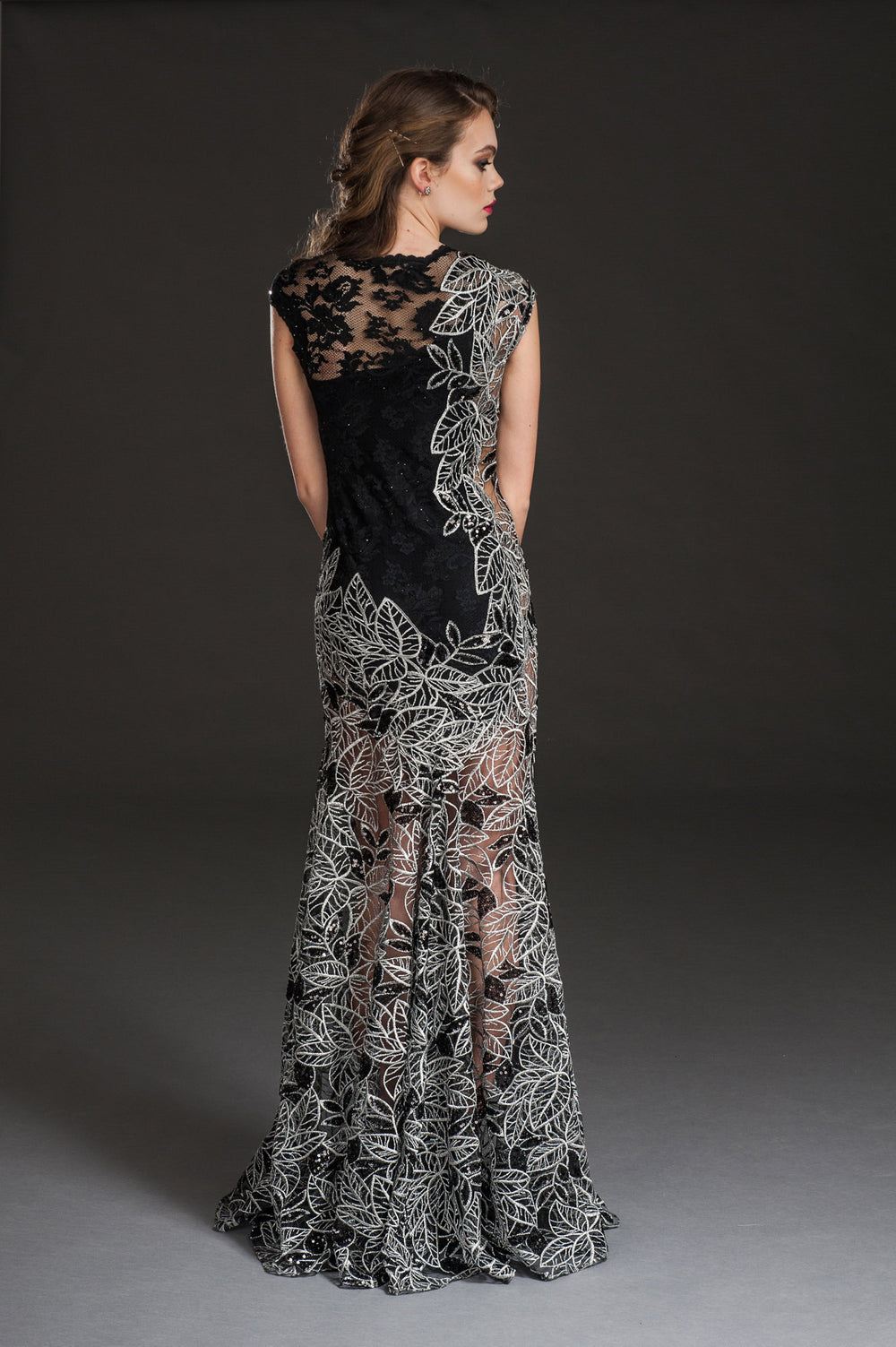Black Lace Gown with Intricate Leaf Appliqué and Sheer Panels-1