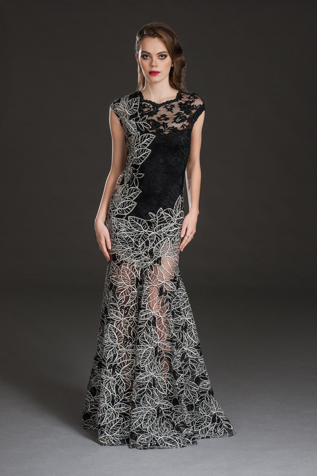 Black Lace Gown with Intricate Leaf Appliqué and Sheer Panels-0