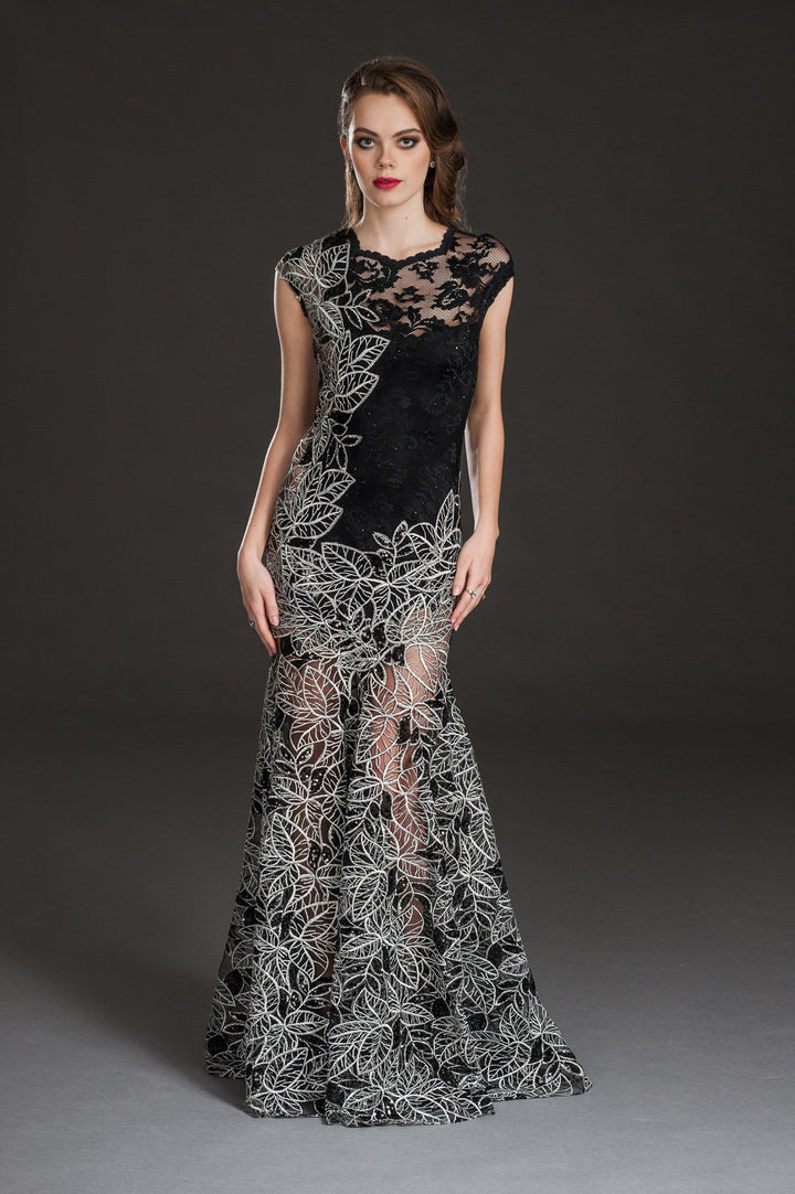 Black Lace Gown with Intricate Leaf Appliqué and Sheer Panels-0