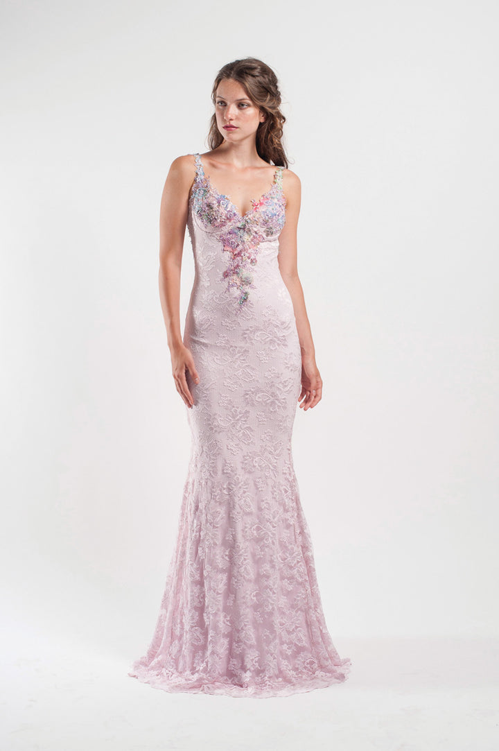 Lace Gown with front Floral Detail-0