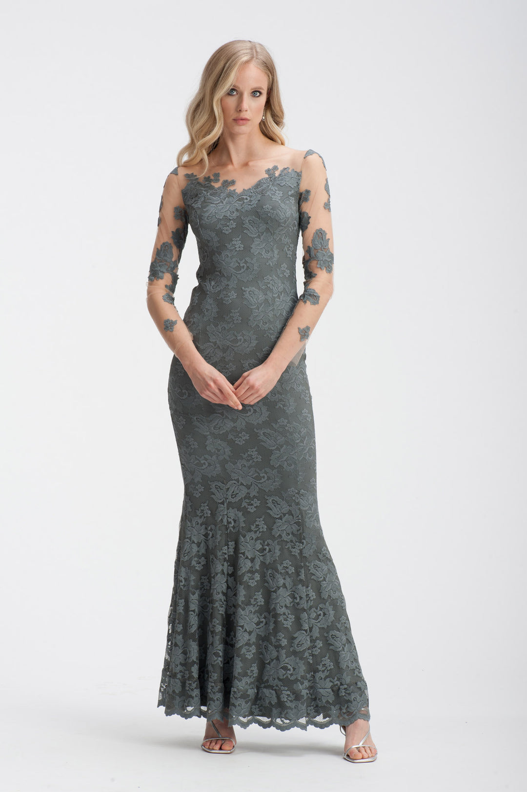 Grey Mermaid Gown with Mesh Detail-0