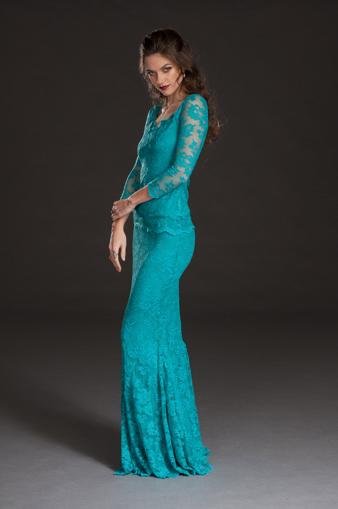 Floor Length Lace Skirt with Flare Detail-2