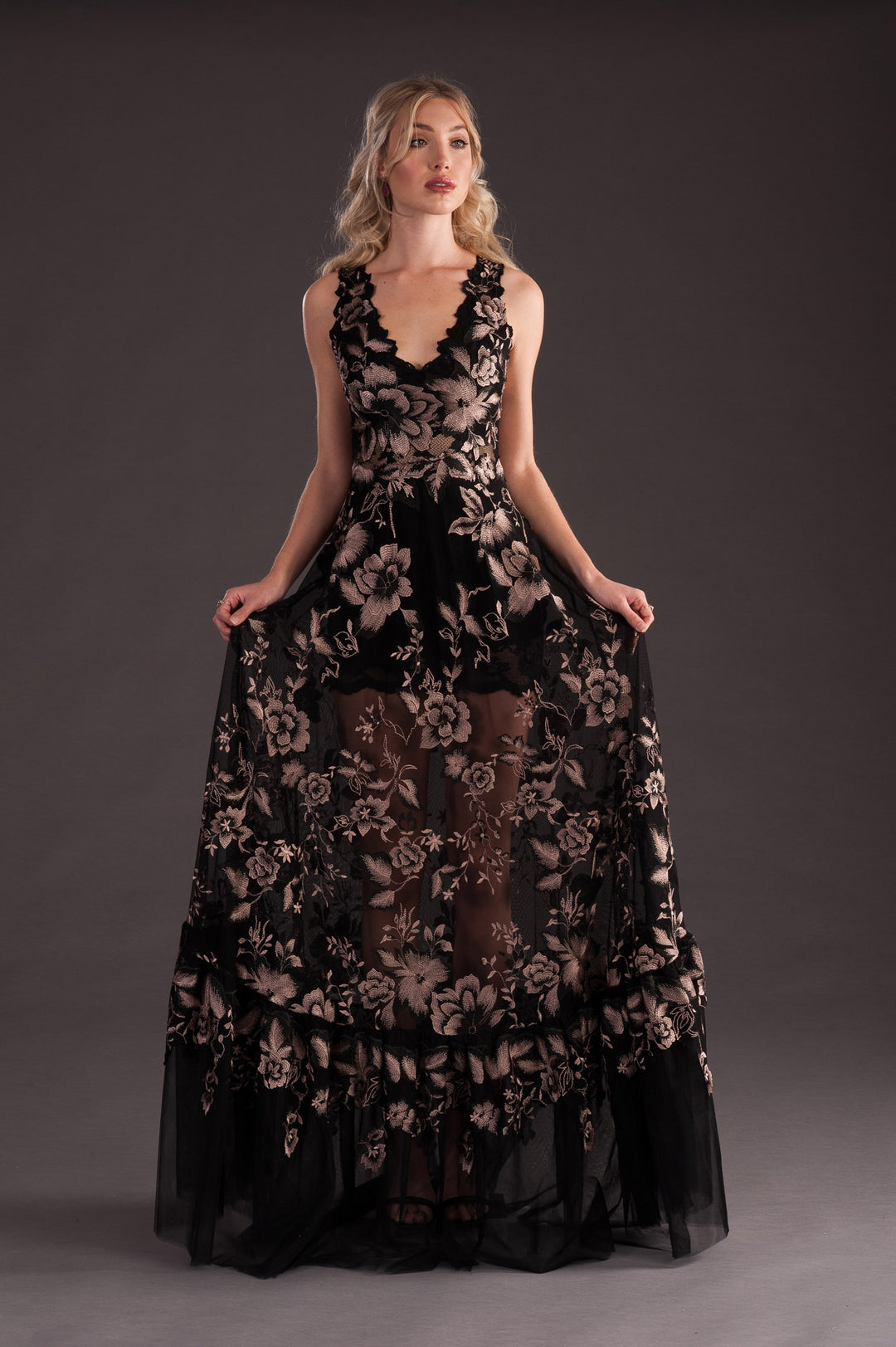 Black Gown with Gold Floral Print-1