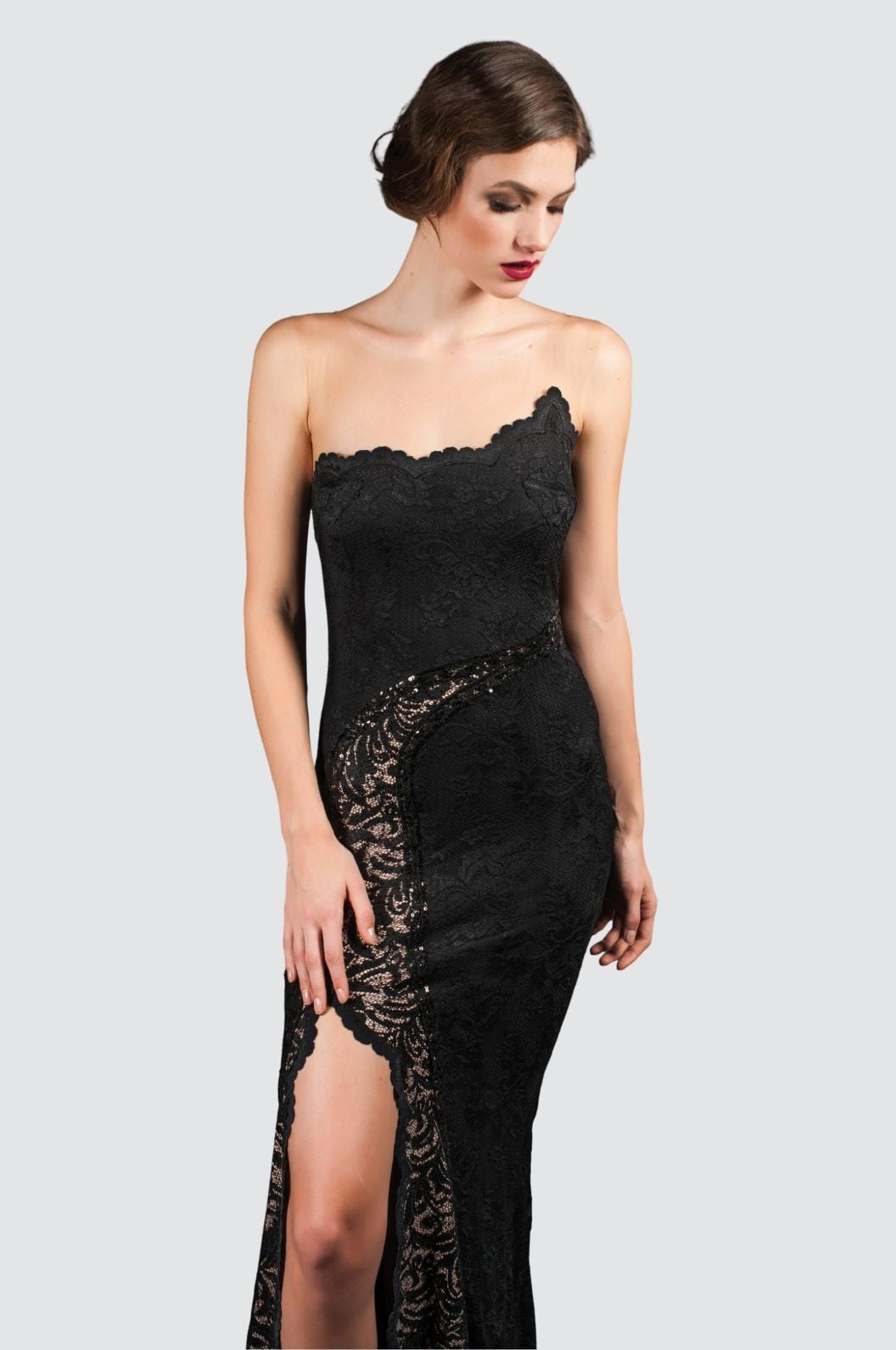 Off-Shoulder Lace Gown with Embroidery Appliqués