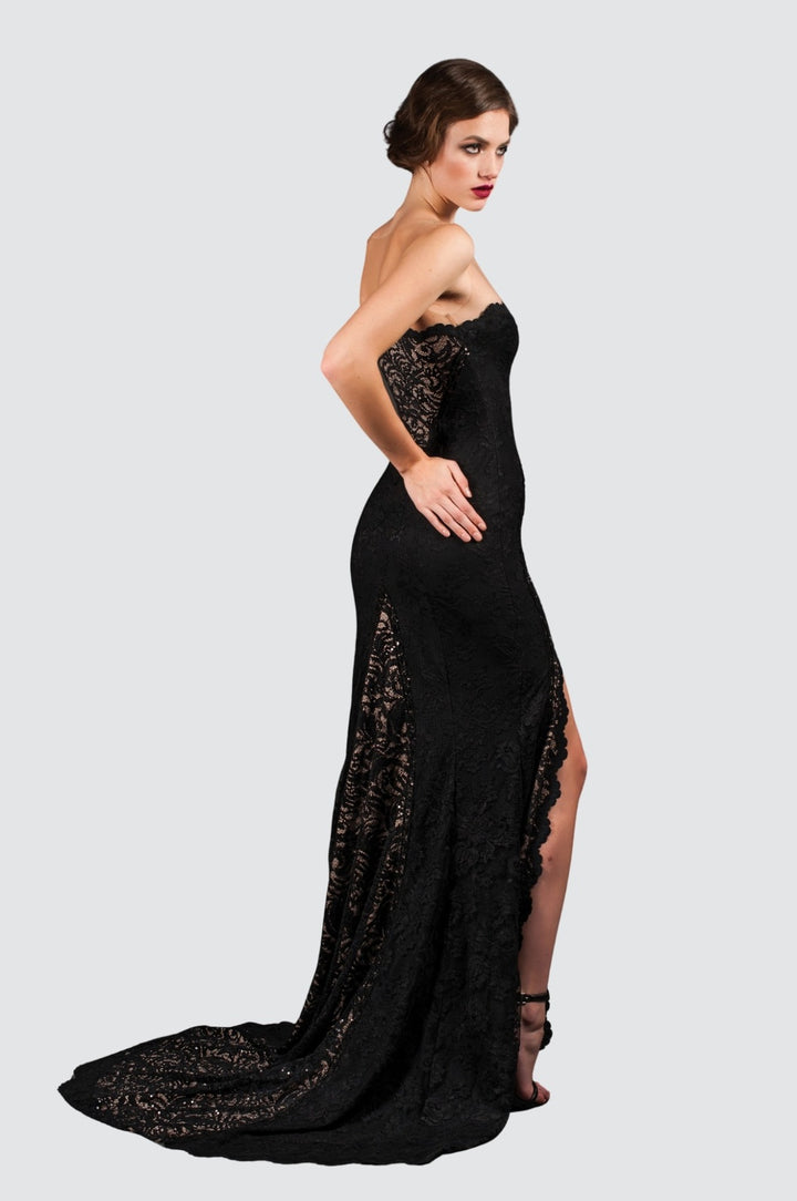 Off-Shoulder Lace Gown with Embroidery Appliqués